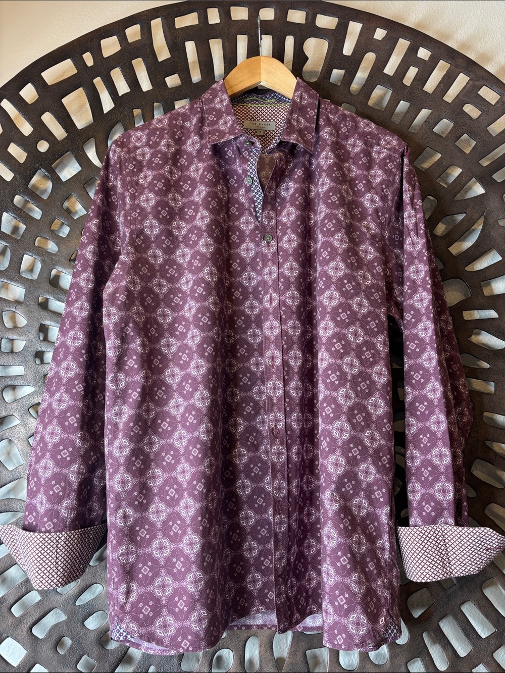 💜Ted Baker Purple Pattern Button Down Shirt Mens Size 6/XL Cotton Long Sleeve